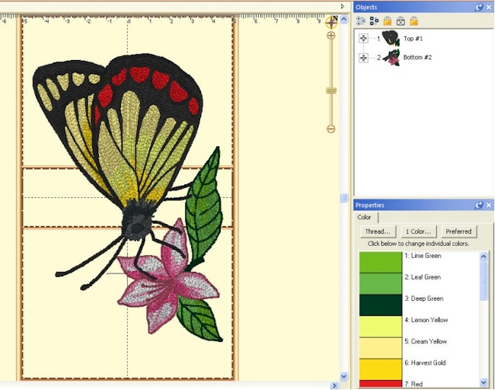 Embrilliance Enthusiast window showing the way it can split large machine embroidery designs for smaller hoops. Design depicts a butterfly embroidery design with a flower.