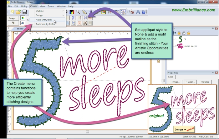 StitchArtist Embroidery Digitizing Software S diagram featuring the applique style and a '5 more sleeps' design shwoing the way StitchArtist handles jump stitches.