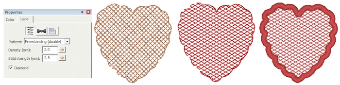 FreeStanding lace objects and properties in StitchArtist Embroidery Digitizing Software showing a lace heart embroidery design