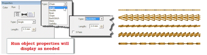 StitchArtist Embroidery Digitizing Software Run Stitch Type and Settings Menu with Examples of Chain, Run, Backstitch, and Sashiko stitch types.
